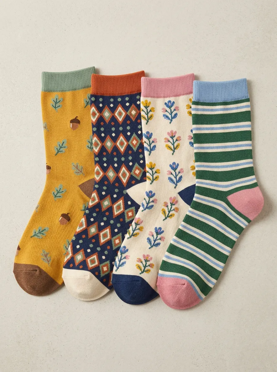 Geometric Floral Nature Vintage Four-Pair Casual Socks