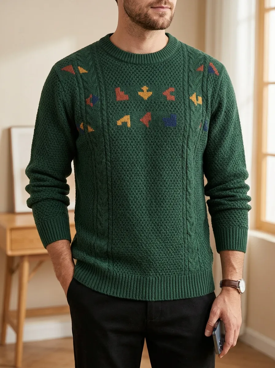 Men's Geometric Cable Knit Textured Sweater