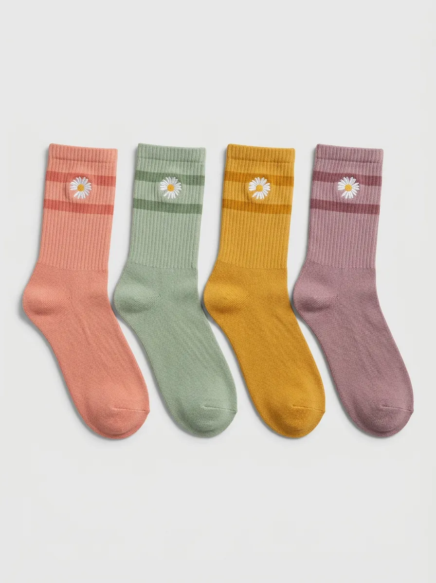 Women's Floral Daisy Embroidered Striped Printed Socks 4-Pack