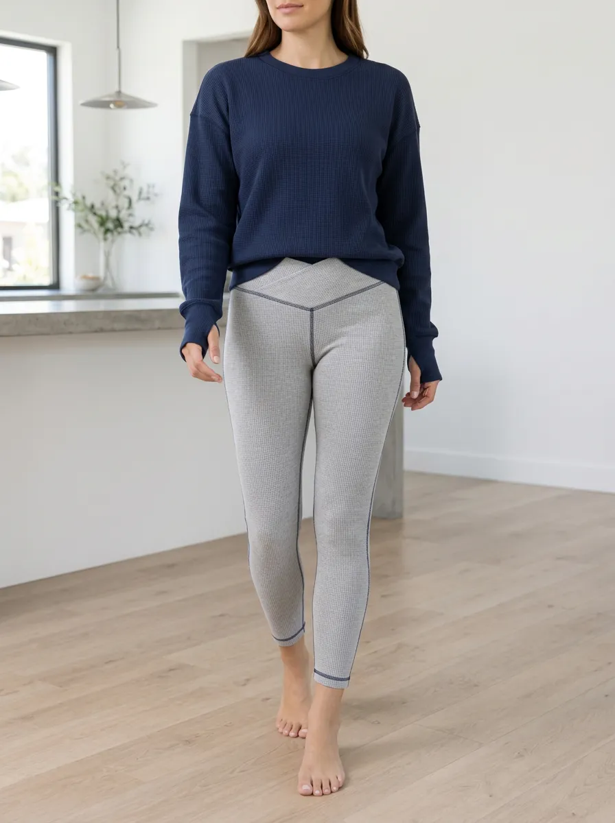 Women's Contrast Stitching Waffle Texture Crewneck Sweatshirt Leggings Set