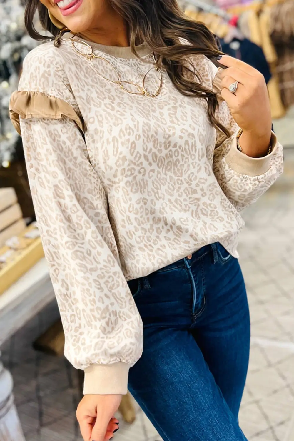 Leopard Print Ribbed Crewneck Sweatshirt