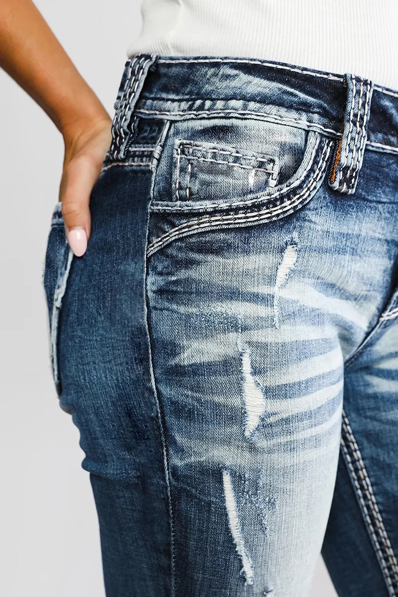 Mid Waist Wash Straight Leg Jeans