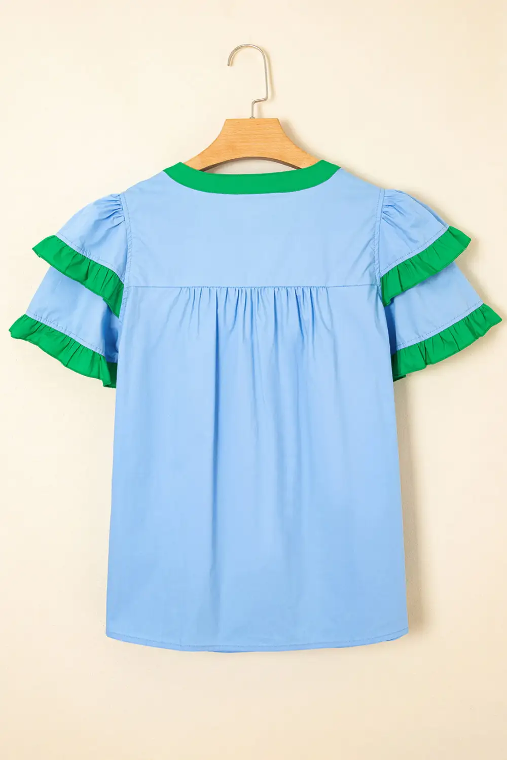 Contrast Notched Neck Frilly Detail Short Sleeve Blouse