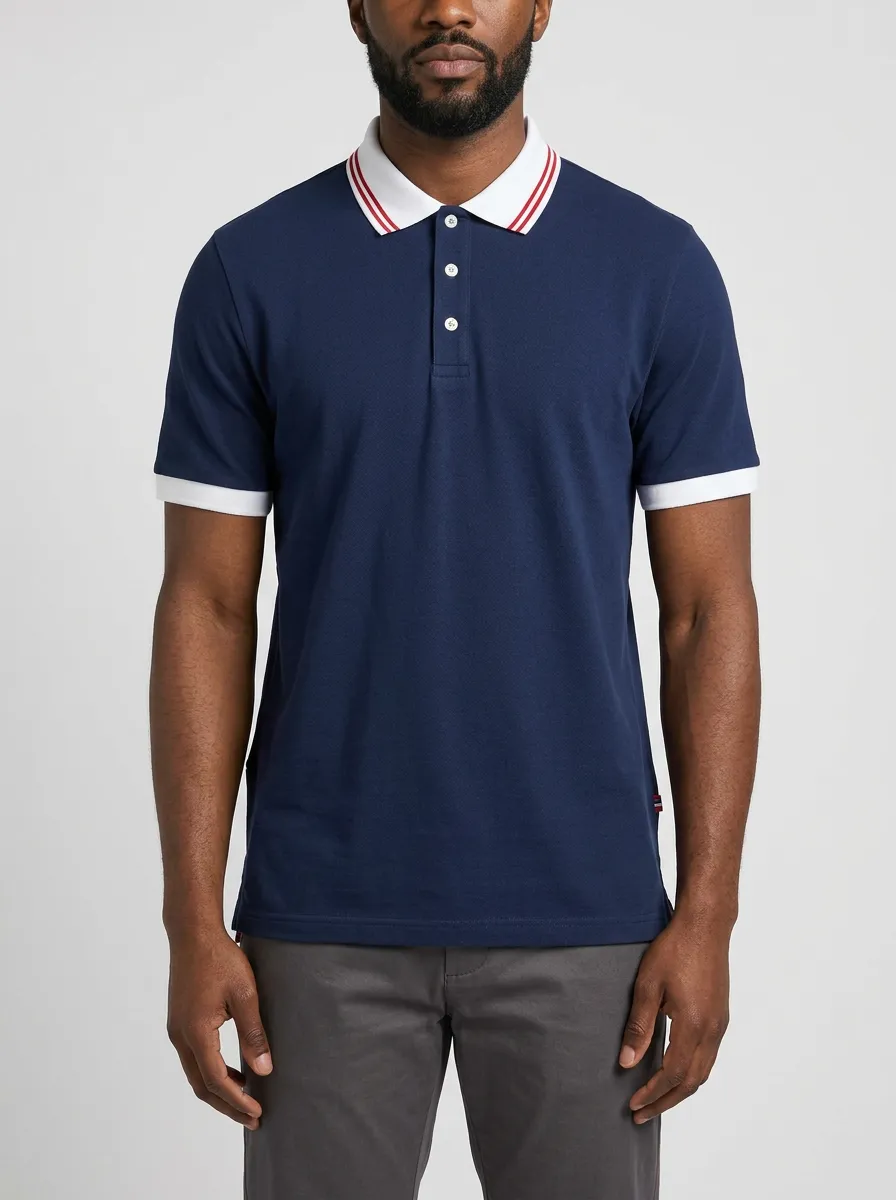 Men's Navy Blue Contrast Collar Striped Trim Polo Shirt