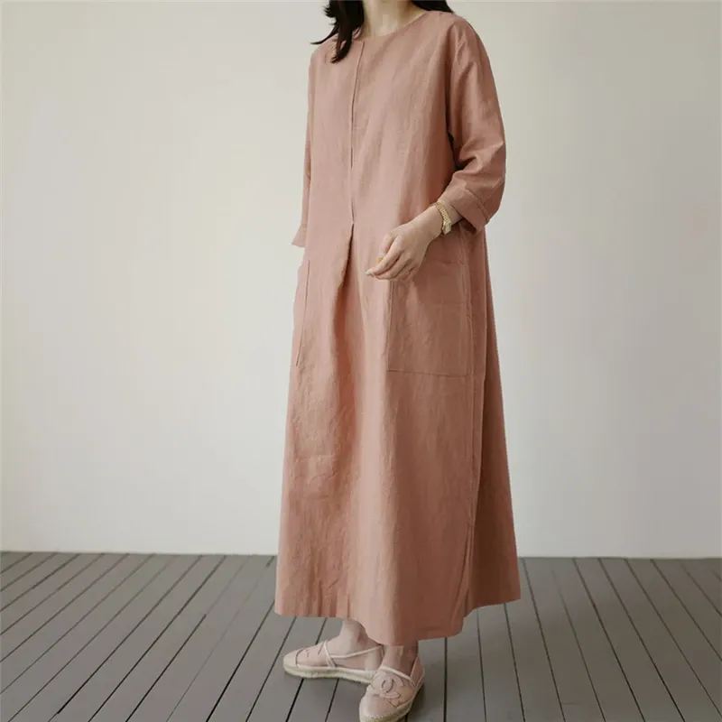Linen Blend Cotton Blend Maxi Button Detail Dress