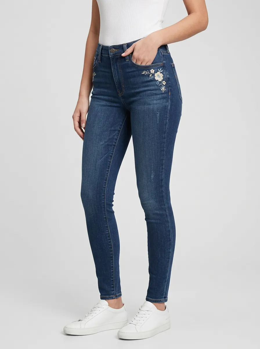 Women's Floral Embroidered Pattern Printed Slim Jeans