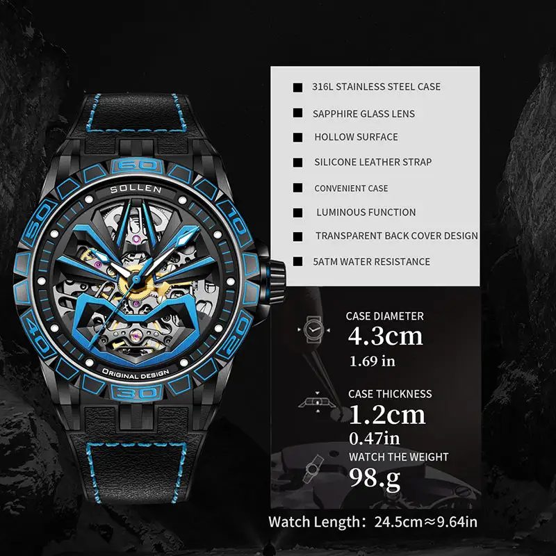 Sollen SL328 Men's Skeleton Automatic Mechanical Watch - 43mm 316L Stainless Steel Case Sapphire Crystal Multi-Layer Dial Leather-Pattern Silicone Strap Wristwatch