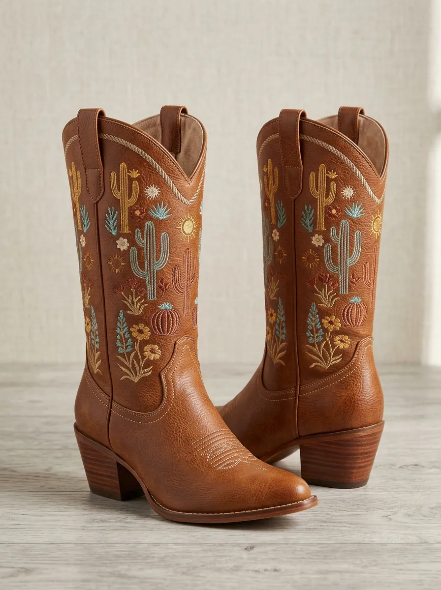 Frontier Cactus Floral Embroidered Ranchwear Edit Unisex Western Cowboy Boots