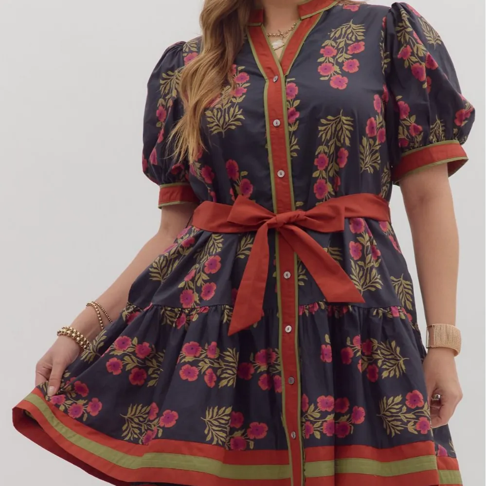 Classic Floral Striped Ruffle Detail Puff Sleeve Dress