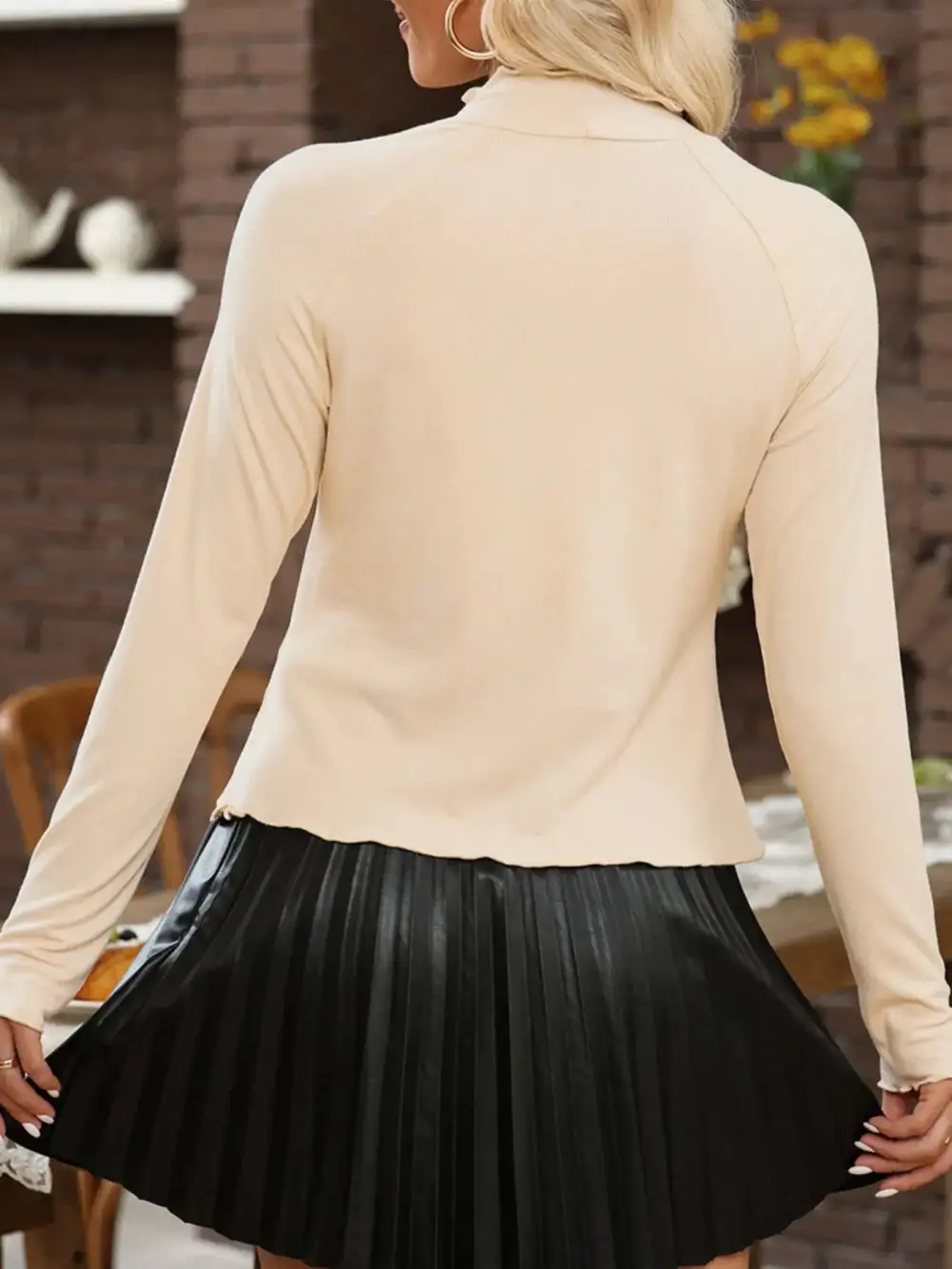 Ribbed Knit Lettuce Trim Mock Neck Long Sleeve Top