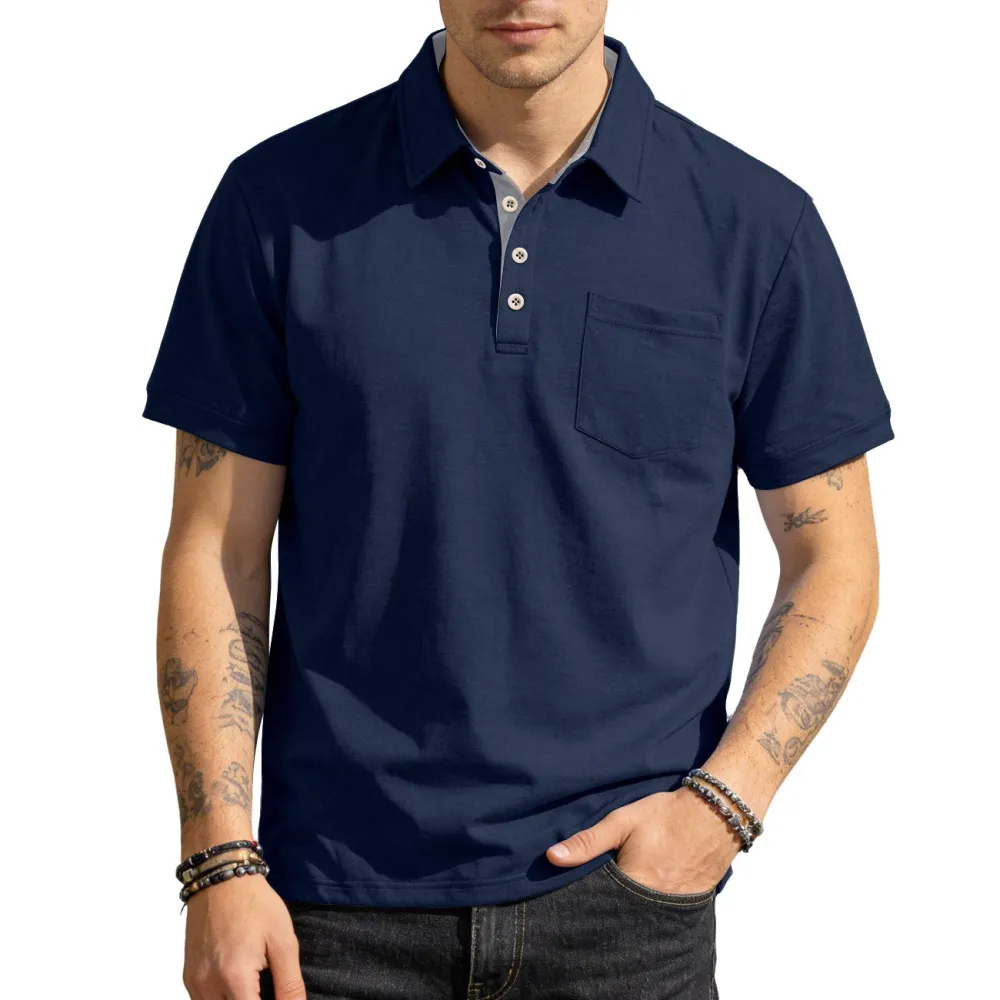 Button Placket Chest Pocket Short Sleeve Jersey Polo Shirt
