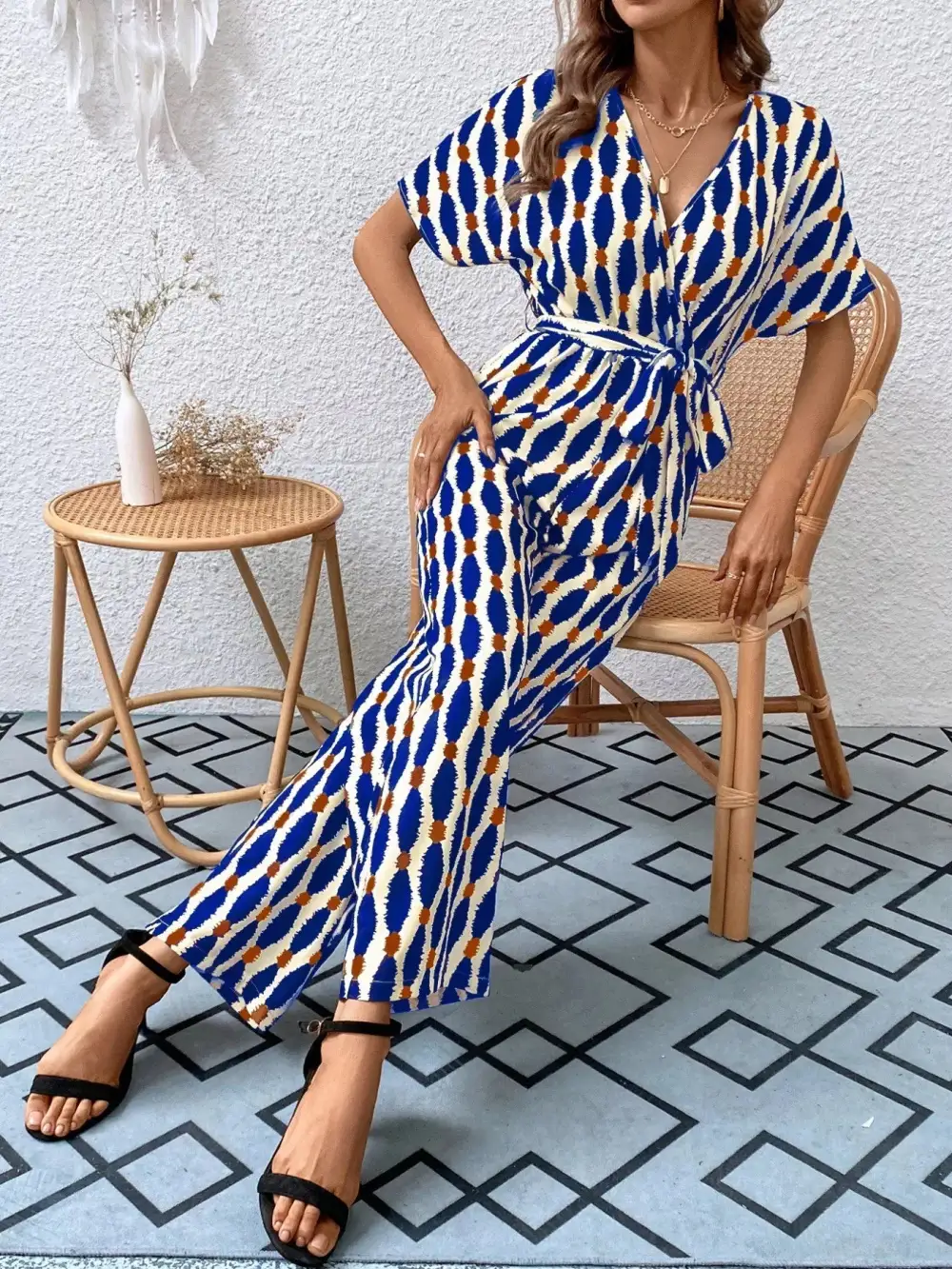 Printed Surplice Tie Waist Short Sleeve Shorts