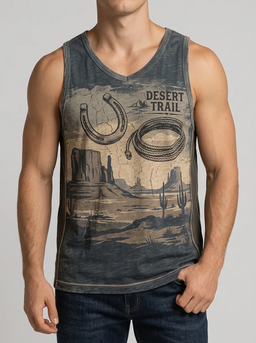 Men's Western Cowboy Desert Trail Horseshoe Lasso Printed Tank Top