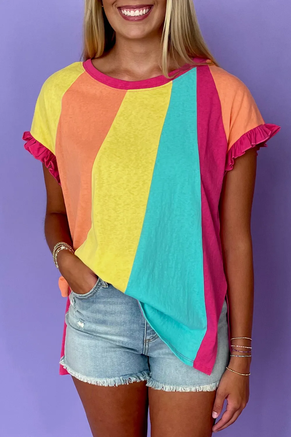 Rose Red Block Ruffled Crew Tee