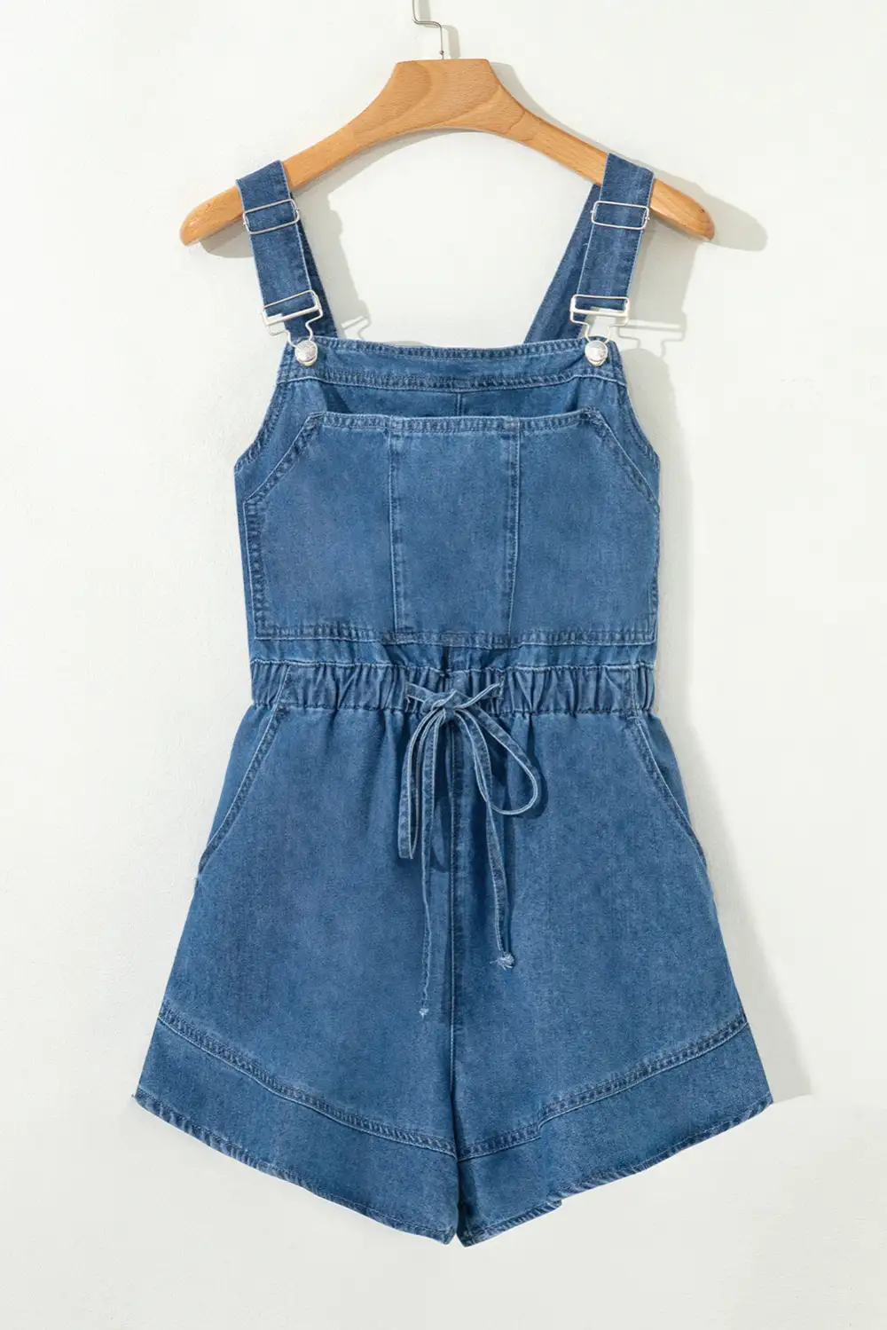 Buckle Straps Bib Style Drawstring Tied Backless Flared Denim Romper