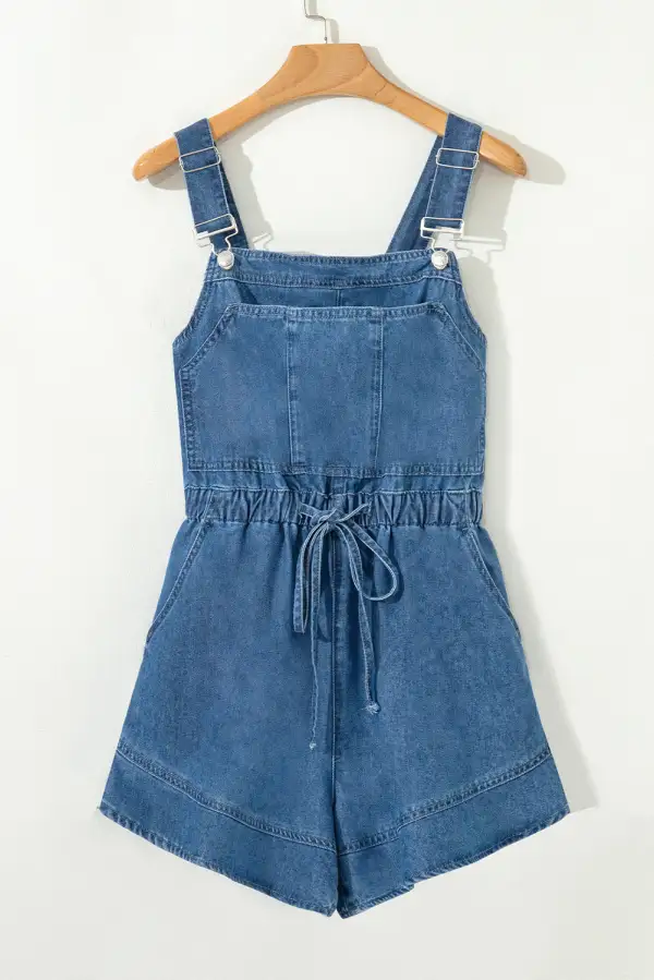 Buckle Straps Bib Style Drawstring Tied Backless Flared Denim Romper