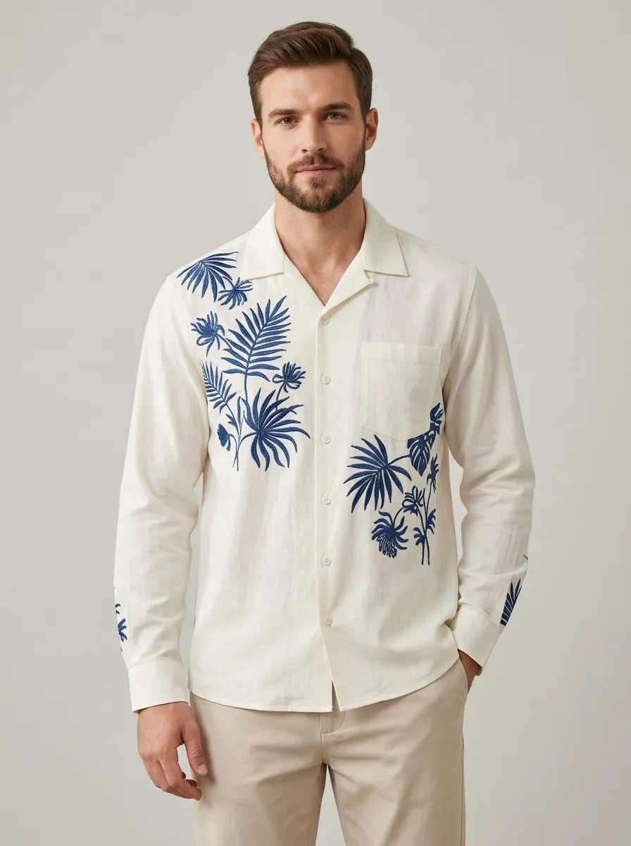 Men's Palm Leaf Embroidered Linen Shirt