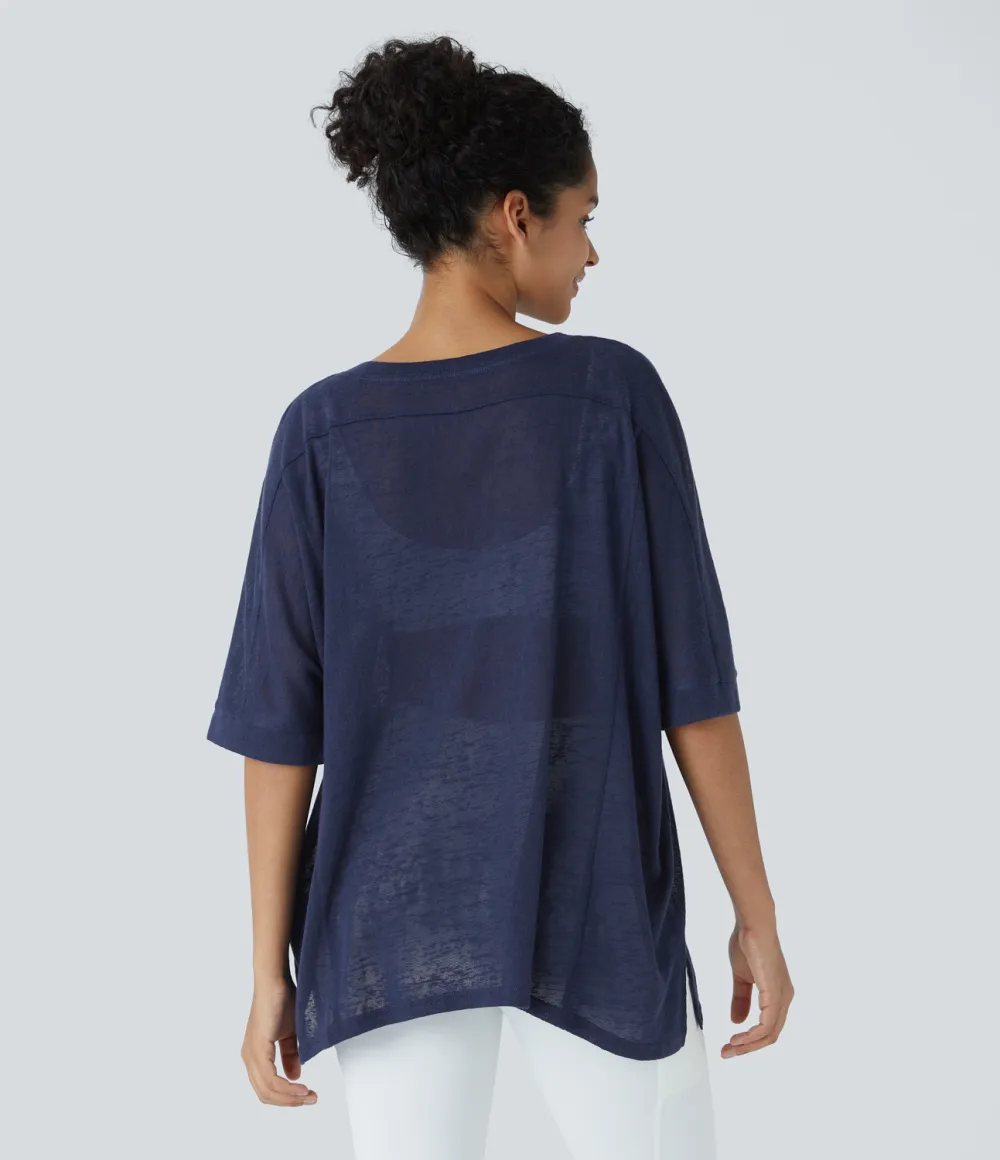 Asymmetric Split Hem Sheer Oversize Casual Top