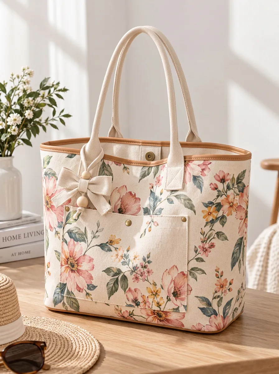 Women's Front Pocket Botanical Floral Vintage Printed Canvas Shoulder Tote Bag