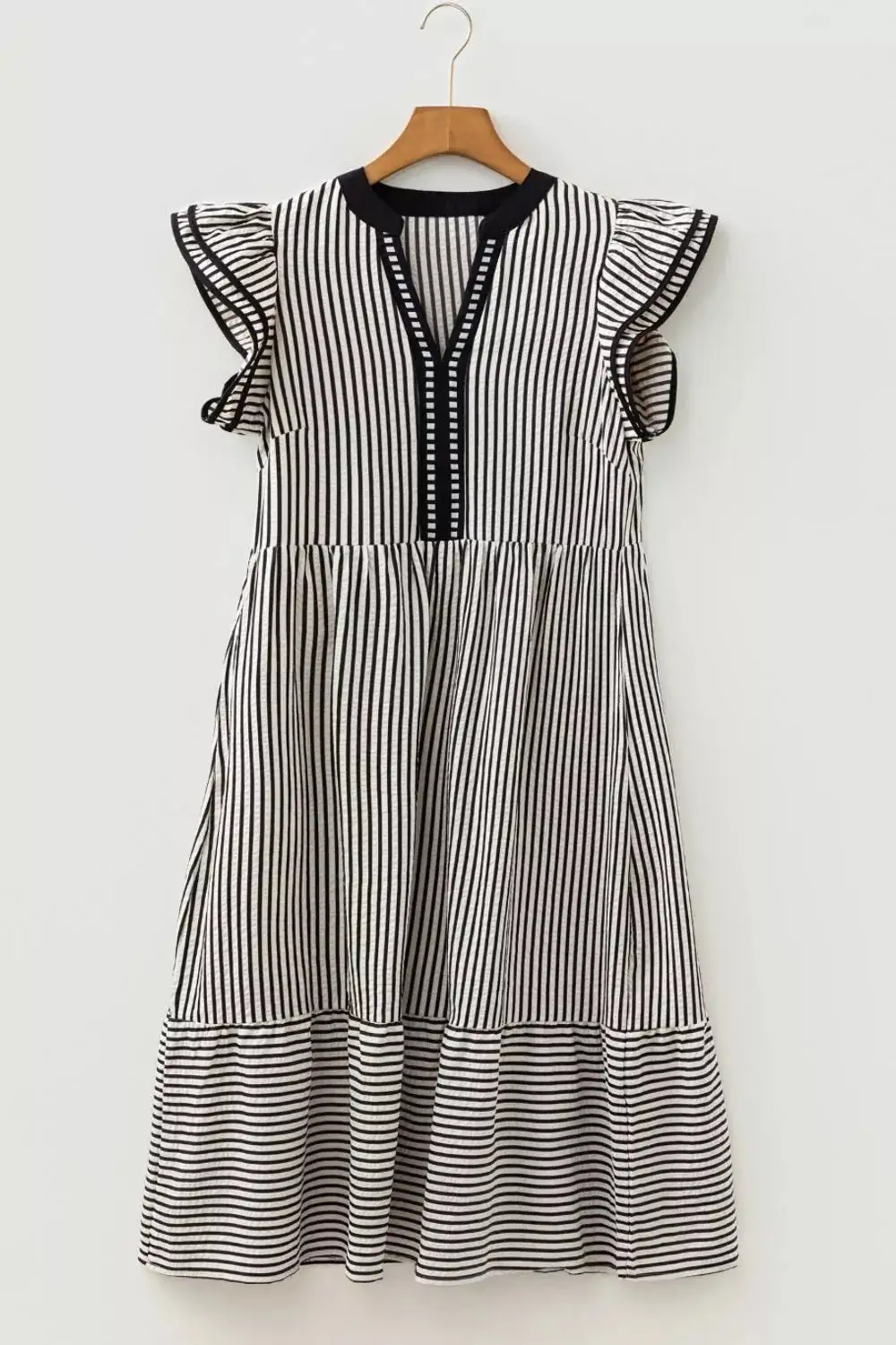 Striped Ruffle Sleeve Tiered Pocketed Midi Dress