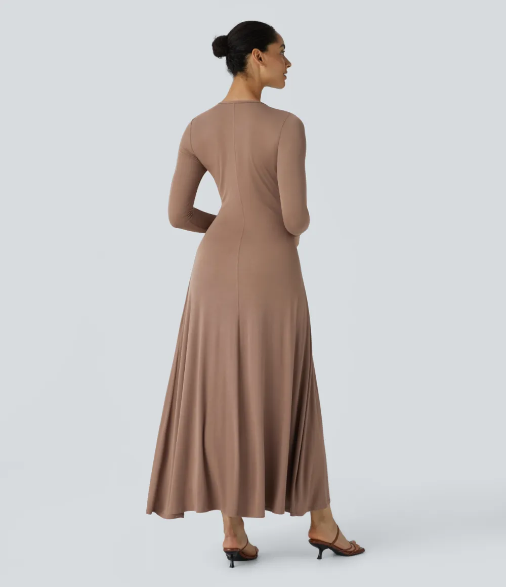 Ribbed Round Neck Long Sleeve Plicated Flare Flowy  Maxi Casual Dress