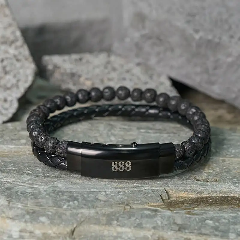 Lava Rock Angel Numbers Double Wrap Leather Bracelet