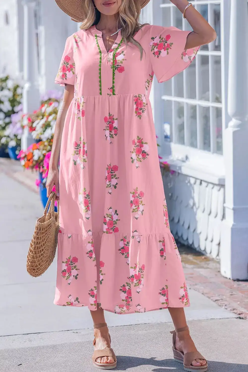 Floral Printed Split Neck Dress Casual