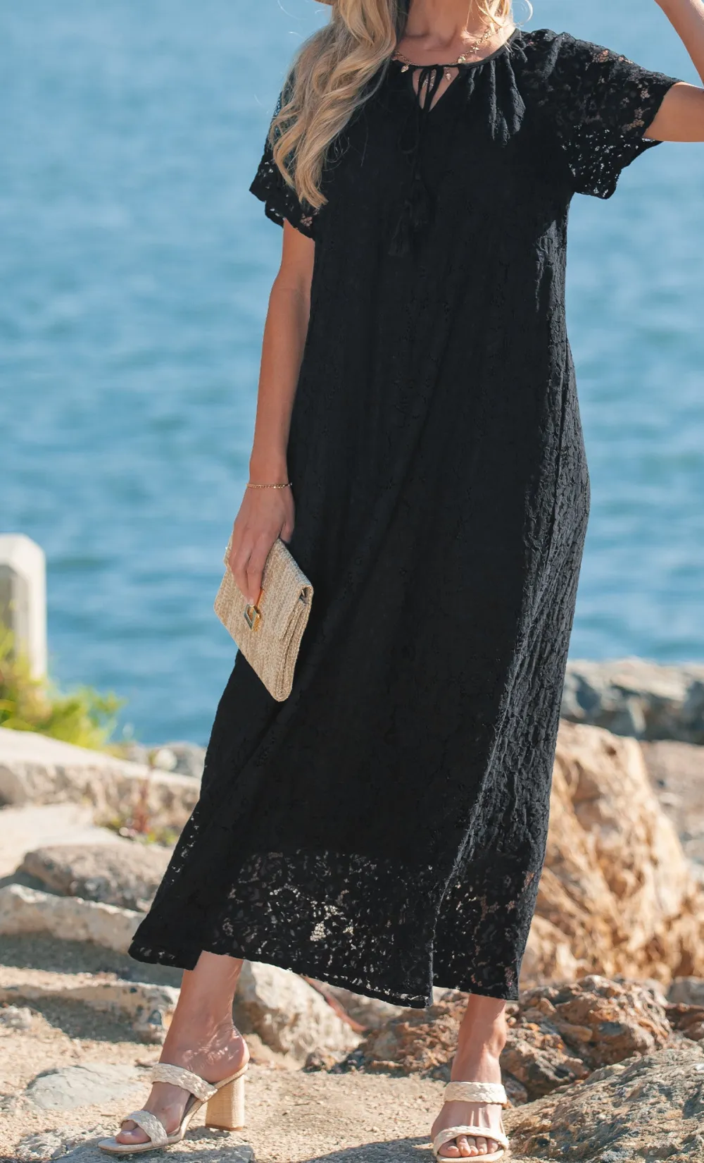 Floral Lace Overlay Tassel Tie Short Sleeve Beach Vacation Loose Maxi Dress