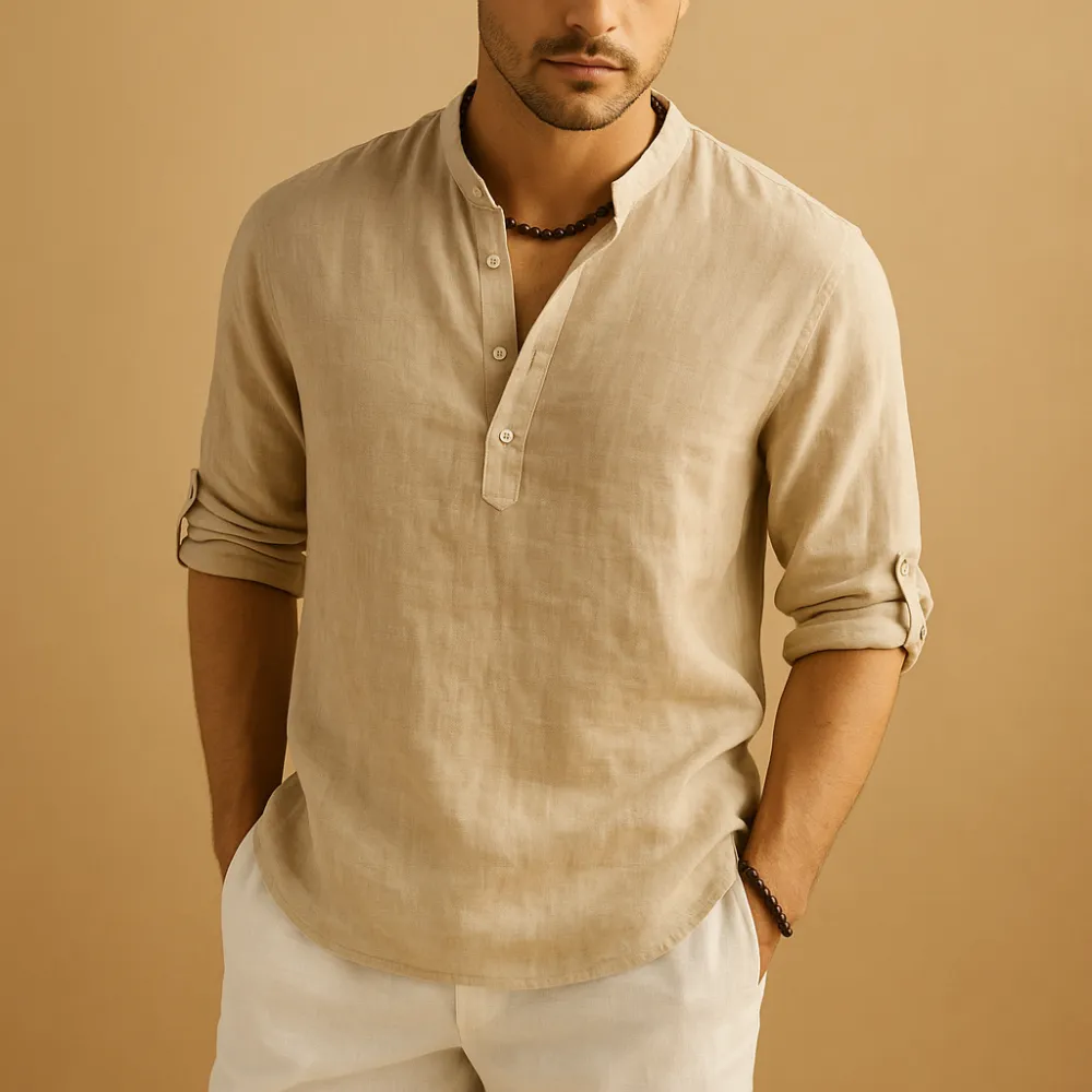 Linen Mandarin Collar Long Sleeve Shirt