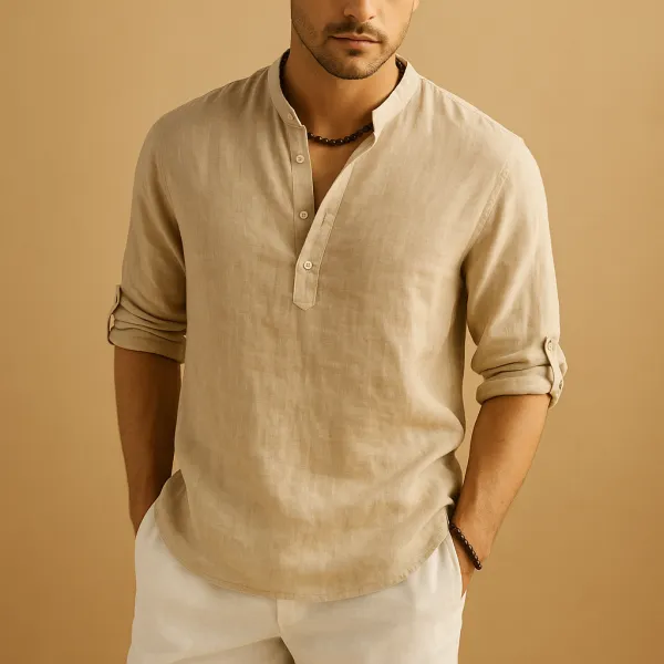 Linen Mandarin Collar Long Sleeve Shirt