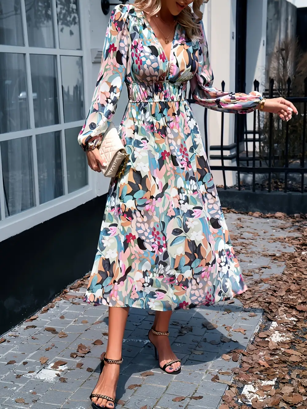 Floral Printed Long Sleeve Midi Dress