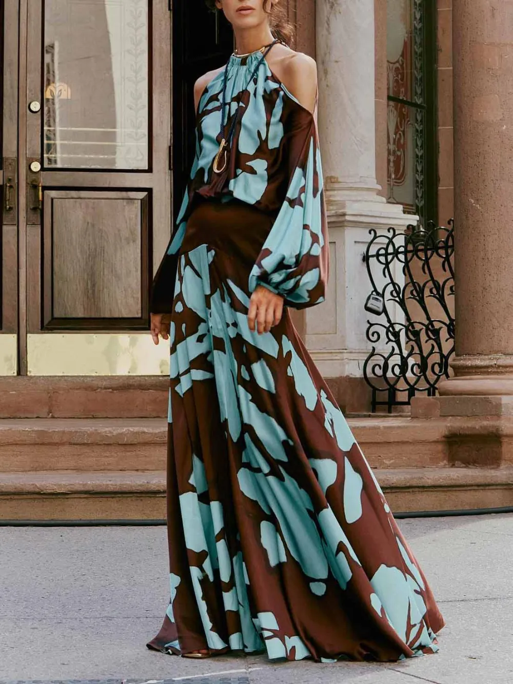 Cold Shoulder Abstract Print Maxi Dress