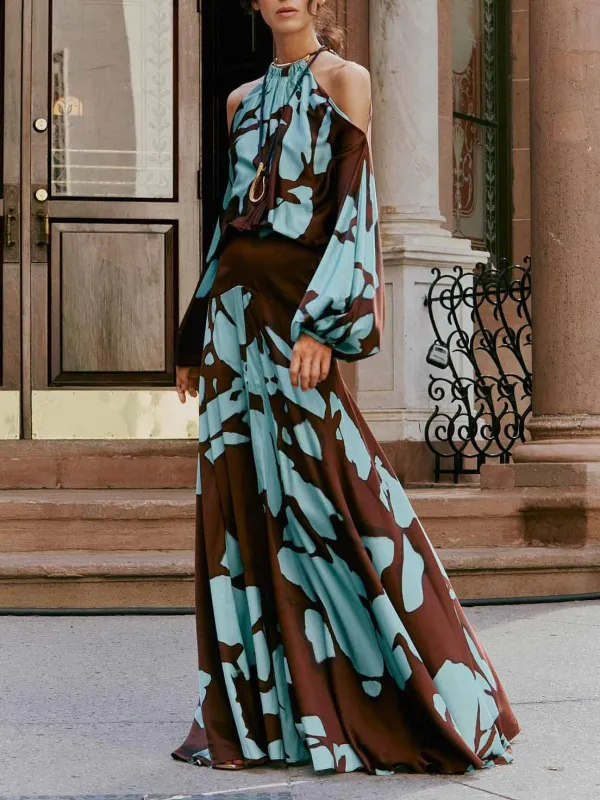 Cold Shoulder Abstract Print Maxi Dress