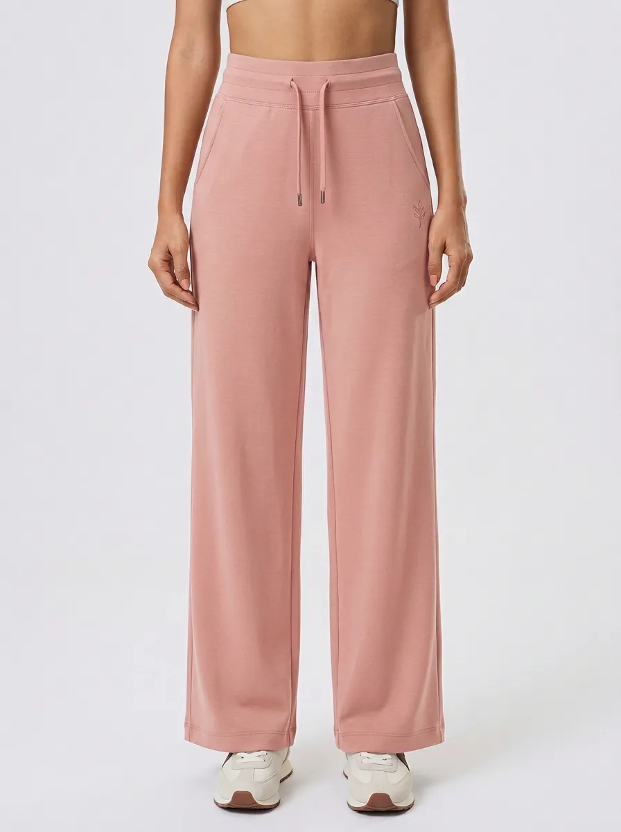 Women's Solid Brown Minimalist Drawstring Wide Leg Sweatpants