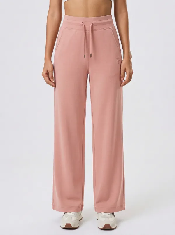 Women's Solid Brown Minimalist Drawstring Wide Leg Sweatpants