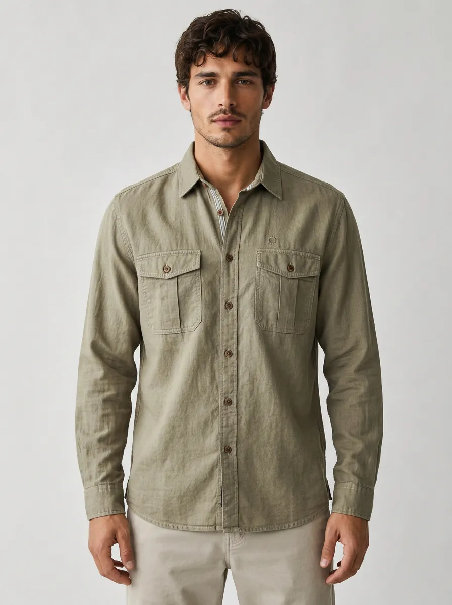 Men's Olive Green Utility Button-Down Shirt - Design C