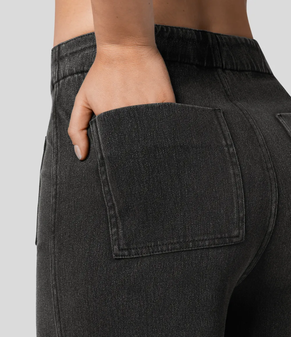 Magic High Waisted Button Pockets Washed Stretchy Knit Casual Wide Leg Jeans