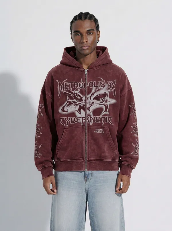 Men's Streetwear Cybernetic Metropolis Graphic Printed Zip-up Hoodie
