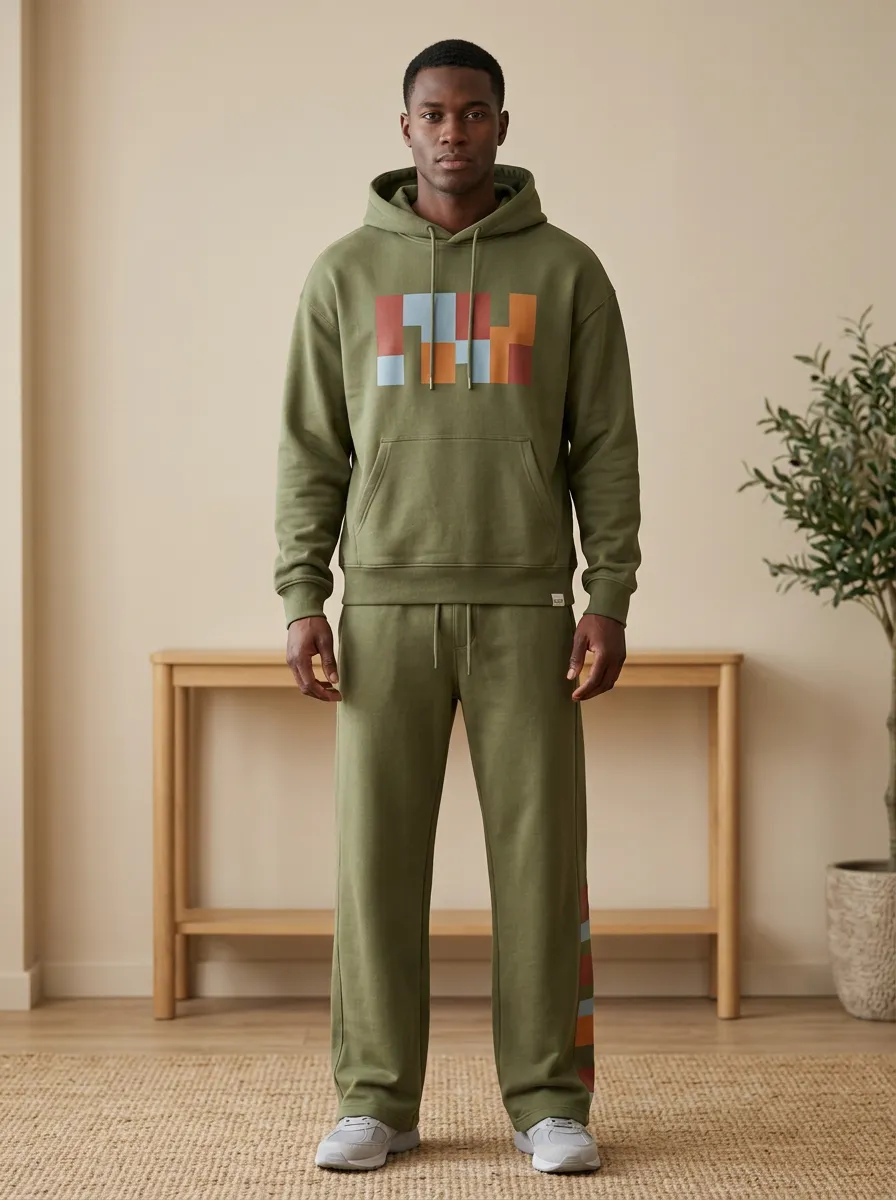 Men's Olive Geometric Block Printed Hoodie Sweatsuit Set