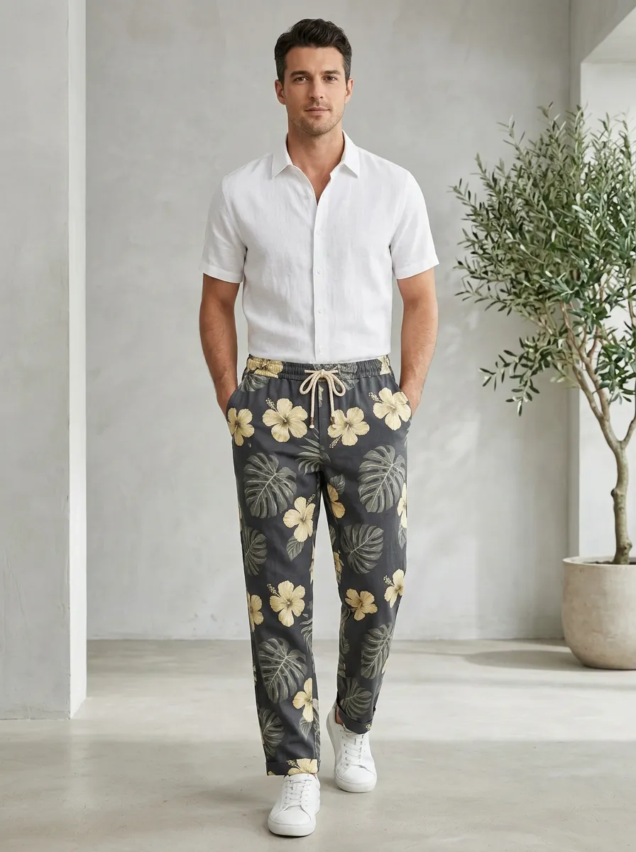 Distinctive Graphic Print Floral Print Check Print Men's Printed Casual Pants