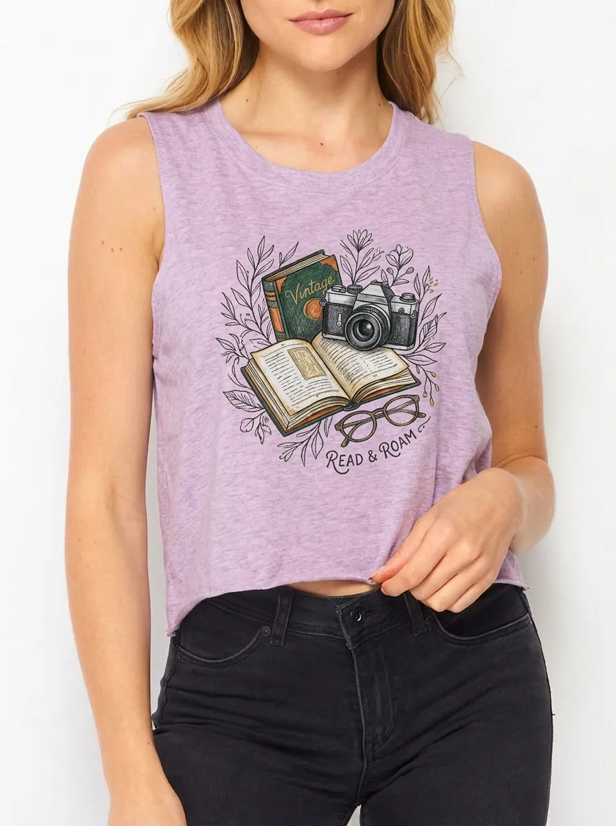Women's Book Reader Camera Graphic Muscle Tank Top