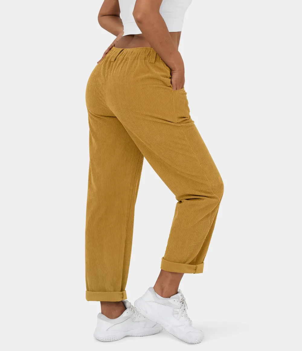 Mid Rise Button Zipper Side Pocket Corduroy Casual Pants