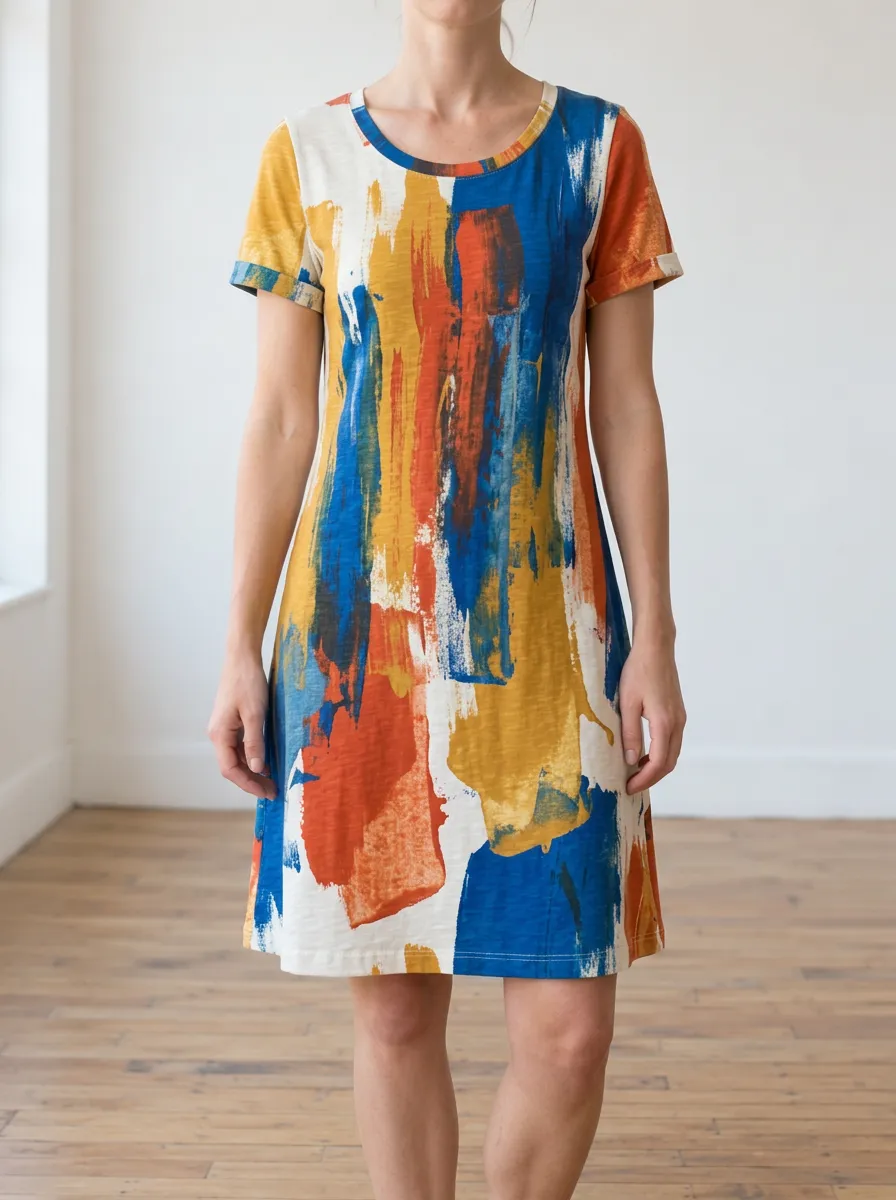 Women's Crew Neck Short Sleeve Abstract Print Crew Neck T-Shirt Dress