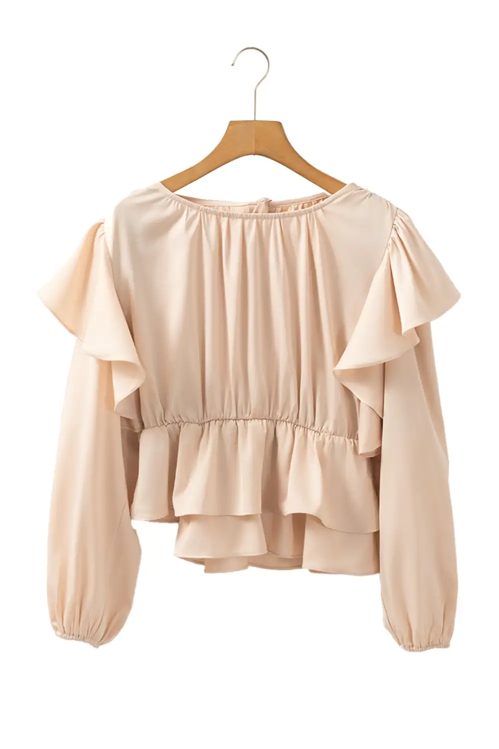 Oatmeal Lace-Up Keyhole Back Ruffled Peplum Blouse