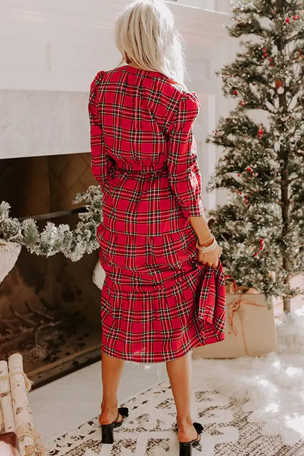 Maxi Christmas Plaid V Neck Sleeve Tie Waist Ruffle