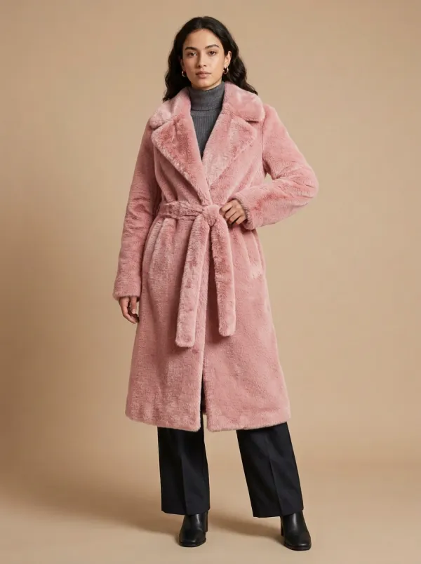 Charcoal Solid Faux Fur Belted Coat