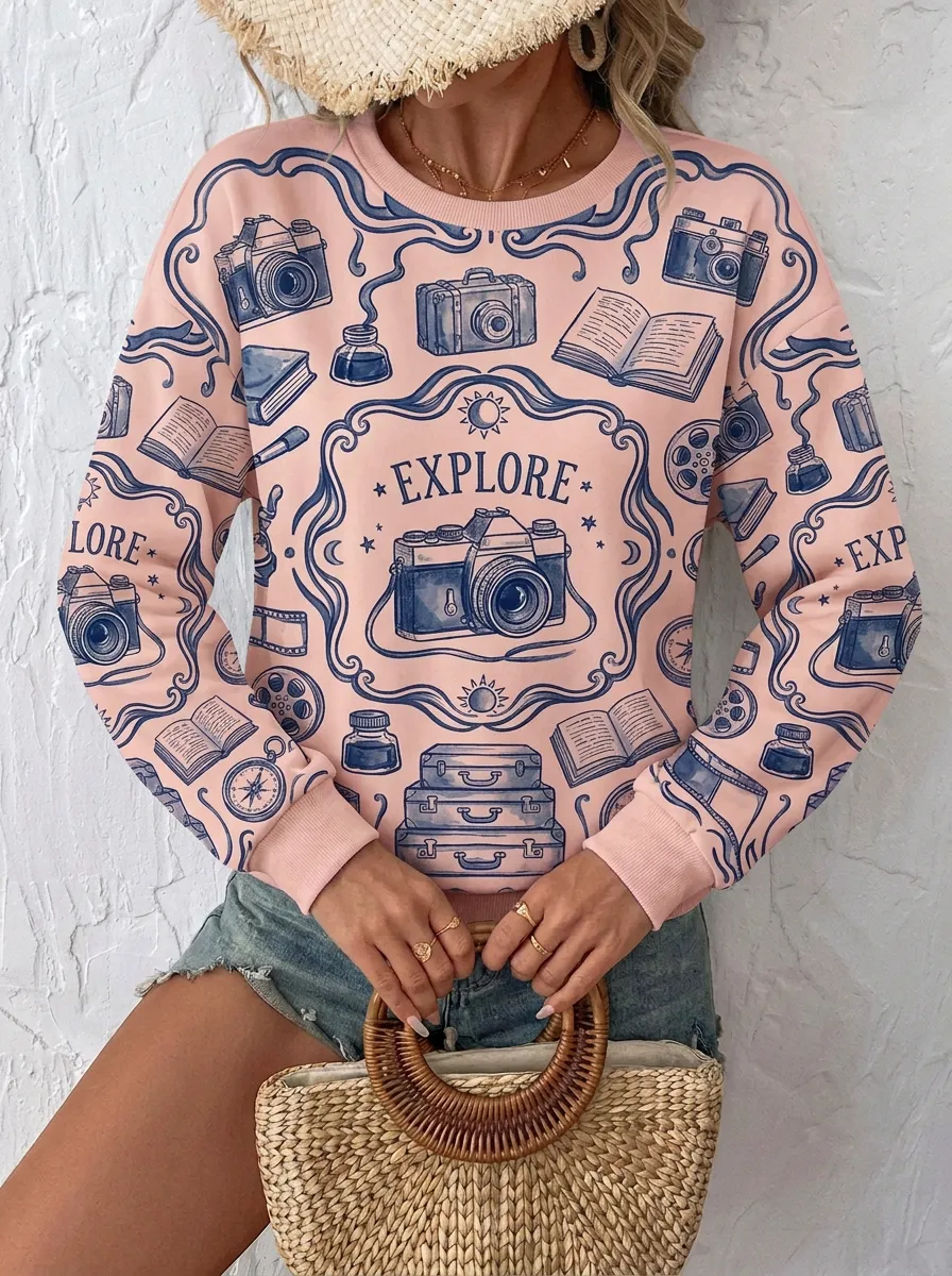 Women's Travel Explorer Camera Book Pattern Graphic Sweatshirt