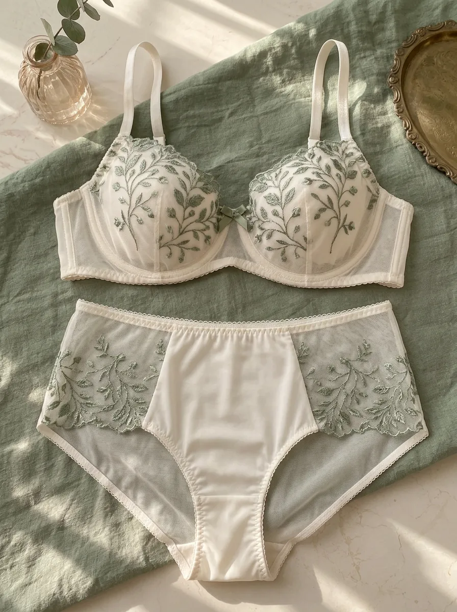 Women's Botanical Floral Embroidered Mesh Lingerie Set