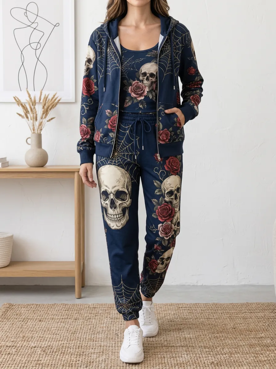 Women's Halloween Skull Rose Spiderweb Hoodie Tank Jogger Set