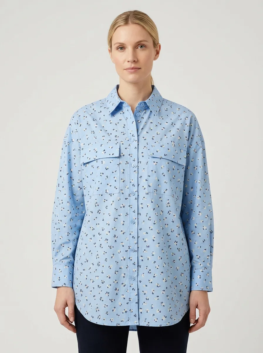 Women's Casual Floral Pattern Blue Printed Shirt